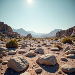 Poster - A vast desert landscape with sparse vegetation and large rocks