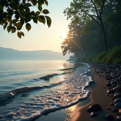 Poster - A serene beach scene with a gentle wave lapping at the shore