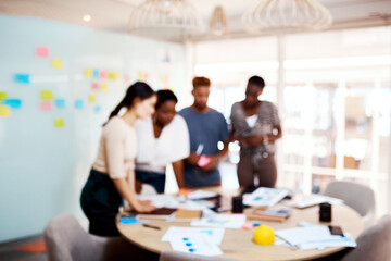 Leinwandbilder - Creative, planning and blur of business people in meeting for brainstorming, ideas or project collaboration. Men, women and teamwork in workshop for design, development or strategy of group in office