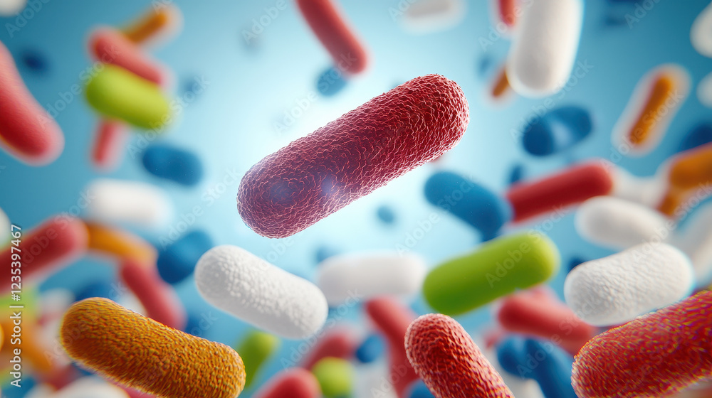 Colorful representation of bacteria in a vibrant environment depicting ...