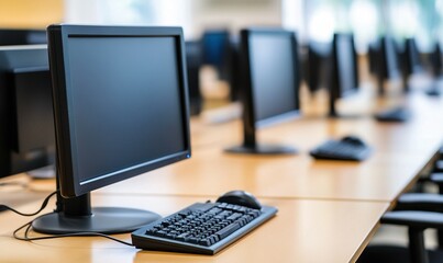 Empty computer lab with monitors and keyboards on desks, ready for students, learning environment