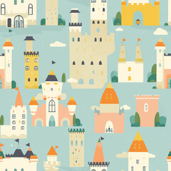  A colorful and whimsical cityscape with many different types of buildings