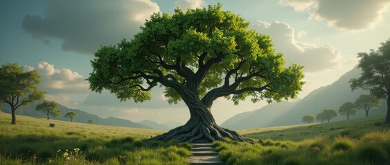 Wall Mural - A majestic tree stands tall, its branches stretching towards the sky