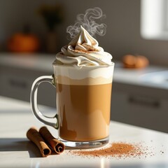 Wall Mural - A steaming cup of spiced coffee topped with whipped cream and cinnamon