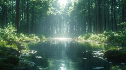 Wall Mural - Sunlit Forest Path Reflecting in Calm Water