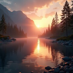 Sticker - A serene mountain lake at sunset