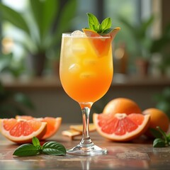 Wall Mural - A refreshing cocktail featuring a blend of citrus and herbs, garnished with a sprig of fresh basil