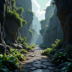 Sticker - A serene pathway amidst a lush, rocky landscape