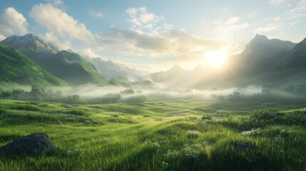 Wall Mural - Serene Sunrise in Misty Mountain Valley