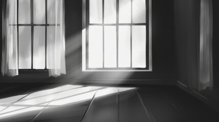 Wall Mural - serene room with sunlight streaming through sheer curtains, casting soft shadows on floor, creating peaceful atmosphere
