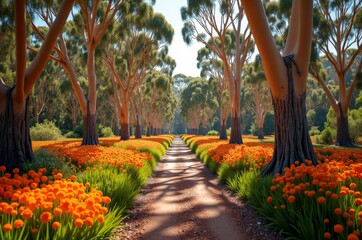 Sticker - A serene and picturesque landscape with a dirt road, trees, and vibrant orange flowers