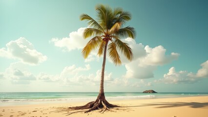 Wall Mural - Tropical paradise, with a majestic palm tree standing tall on a pristine sandy beach