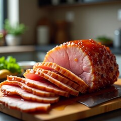 Canvas Print - A glazed ham is a cured meat, typically pork, that's been cooked and coated in a sweet, sticky sauce