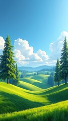 Sticker - A serene and picturesque landscape featuring rolling hills, lush greenery, and a brilliant blue sky