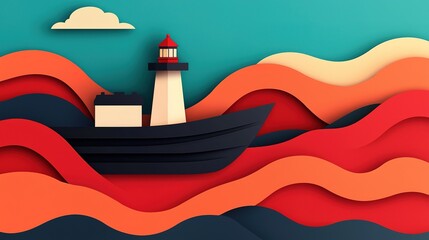 Wall Mural - A vibrant, stylized scene showcasing a lighthouse on colorful waves, set against a turquoise background and accented by clouds.