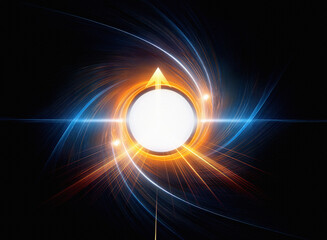 Aufkleber - Abstract swirling energy forms a vortex around a central white circle, radiating light and power.  Orange and blue hues dominate the dark background.  An upward-pointing arrow adds direction.