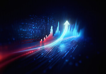 Poster - An upward-trending arrow, glowing brightly, symbolizes growth amidst a dynamic digital backdrop.  Red and blue streaks represent fluctuating data streams.  The image conveys financial progress and tec