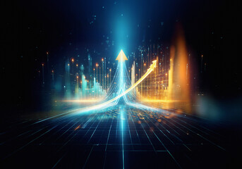 Leinwandbilder - Abstract digital illustration of a yellow arrow pointing upward against a background of blue and orange glowing lines.