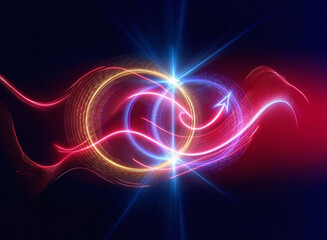 Aufkleber - Dynamic interplay of vibrant, glowing red and blue light trails forming swirling circles and an upward arrow, set against a dark background.  The image evokes energy, movement, and progress.