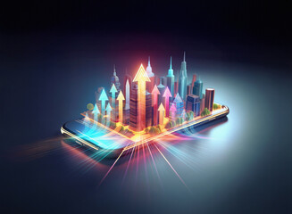 Leinwandbilder - A vibrant cityscape thrives on a smartphone screen, symbolizing mobile technology's impact on urban growth and economic prosperity.  Arrows surge upwards, indicating progress and advancement.