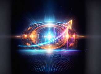 Poster - A futuristic, glowing orb displays vibrant upward trending graphs, symbolizing growth and technological advancement.  The design incorporates metallic elements and a dynamic, energetic light show.