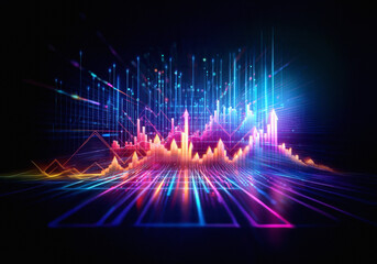 Leinwandbilder - Abstract, colorful light streaks form a glowing digital landscape.