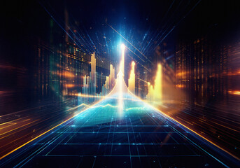 Leinwandbilder - A glowing digital display with blue and orange data charts showing a positive trend.