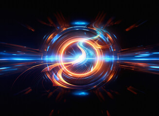Aufkleber - Abstract digital art depicting swirling, luminous energy streams in vibrant blue and orange hues, creating a mesmerizing circular vortex against a dark background.  The composition evokes feelings of 