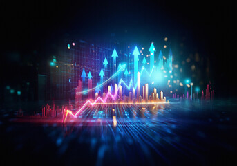 Leinwandbilder - Golden bars rise against a dark blue background, illuminated by a bright blue arrow symbolizing growth.
