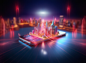 Poster - A vibrant cityscape miniature sits atop a smartphone, illuminated by dynamic red and blue light trails, symbolizing digital connectivity and urban development.