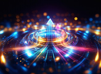 Poster - Vibrant glowing arrows ascend within a futuristic, circular, technological  interface.  The scene pulses with energy, representing growth and progress.