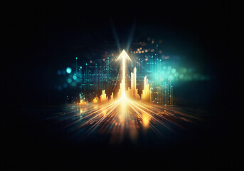 Poster - A glowing arrow ascends from a city skyline, symbolizing growth and progress in a digital, technological landscape.  Light streaks radiate outward, suggesting speed and dynamism.