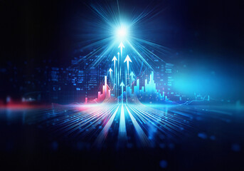 Poster - Abstract digital representation of a city skyline at night with glowing lights, lines, and numbers.