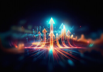 Aufkleber - Abstract digital illustration of a glowing gold upward trend line rising through a futuristic cityscape.