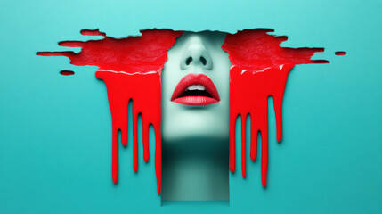 Poster - Surreal art piece featuring a woman's face with red paint dripping against a turquoise background.