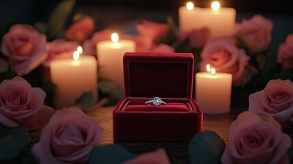 Wall Mural - A red velvet ring box holding an engagement ring, framed by romantic pink roses and gentle candlelight, perfect for a special proposal.