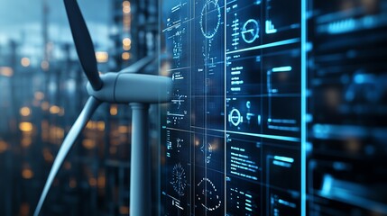 Poster - Detailed closeup of a wind turbine with a digital display of realtime performance data and alternative energy metrics in the background