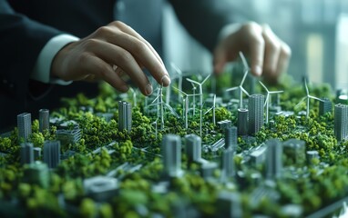Aufkleber - A business executive planning ecofriendly projects, with a focus on wind turbine energy management and renewable resources, futuristic setting, hyperrealistic, 4K detail