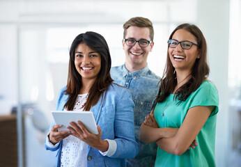 Leinwandbilder - Portrait, business people and tablet in office for creative agency, research and pride for news firm. Smile, employees and journalists with team leader for publication, blog article or company growth