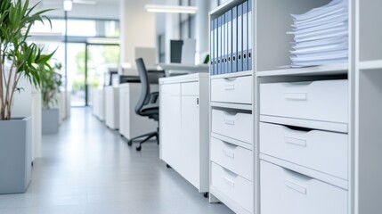 Wall Mural - Modern office interior with organized shelves, filing cabinets, and large windows showcasing bright natural light