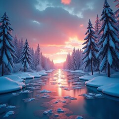 Poster - A serene winter wonderland with a frozen river and snow-covered trees