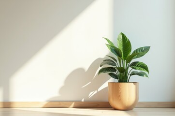 Poster - A potted plant in a wooden pot, casting a shadow on the wall