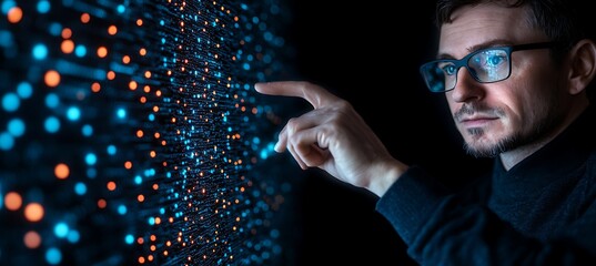 Man Interacting with a Digital Interface of Glowing Blue and Orange Data Points