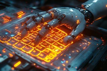 Innovative Robotic Hand Typing on Keyboard Demonstrating Technological Advancement in Automation and Computing Industry