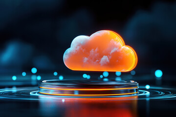 Wall Mural - glowing orange cloud icon floats above futuristic platform, symbolizing secure cloud storage technol