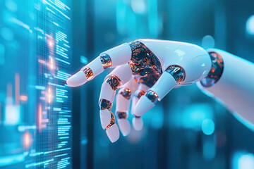 Wall Mural - robotic hand interacts with digital interface, showcasing advanced ai technology in futuristic setti