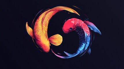 Two Koi fish swirling, dark background, yin yang, zen art