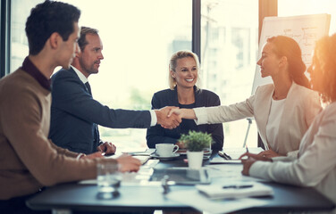 Aufkleber - Welcome, business people and smile with handshake in office, meeting and b2b deal in accounting firm. Flare, employees and accountants with shaking hands for partnership, introduction and greeting