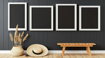 Sticker - Minimalist Interior Decor with Frames, Straw Hat, and Dried Plants