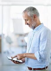 Poster - Scroll, tablet and mature business man in office for research project, online website and internet news. Professional, corporate and person on digital tech for planning, networking or proposal review